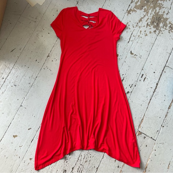 Chico's Laced up Red Stretch Knit Dress Handkerchief Hem - Picture 4 of 10